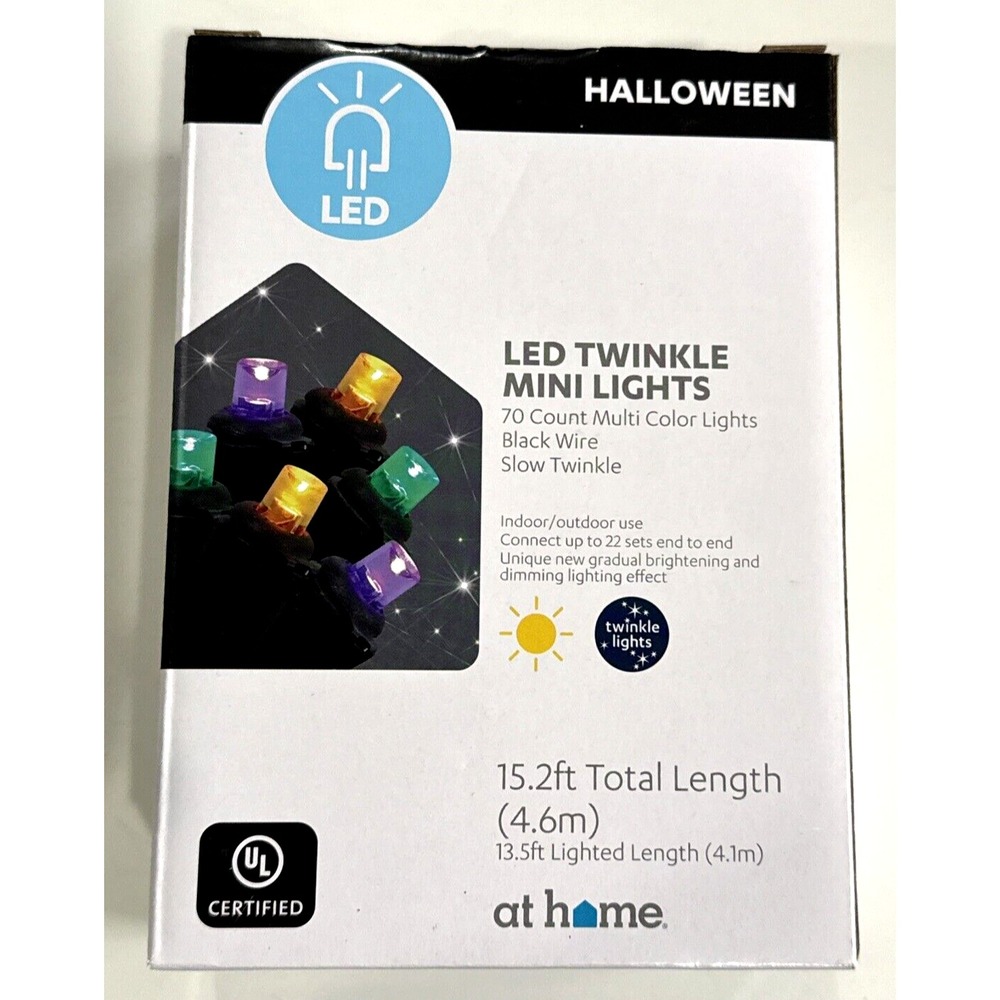 At Home 70 Count LED Twinkle Halloween Mini Lights Multi Color Black Wire NEW
